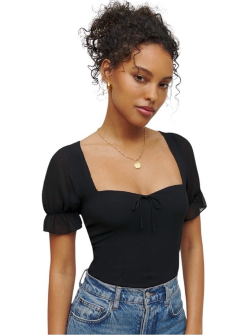 Reformation Delevan Puff Sleeve Top, Black, Size 2